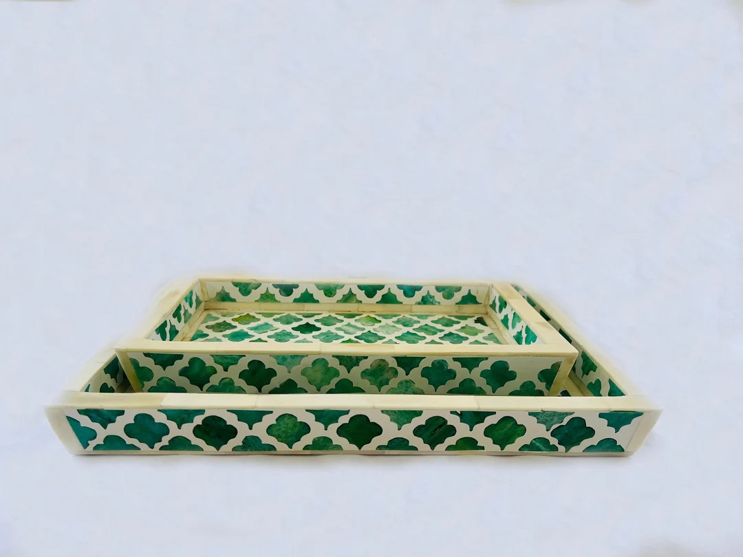 Jodha Furniture Pigeon and Poodle Prescott Turquoise Tray set of Two In Bone Inlay - Image 2